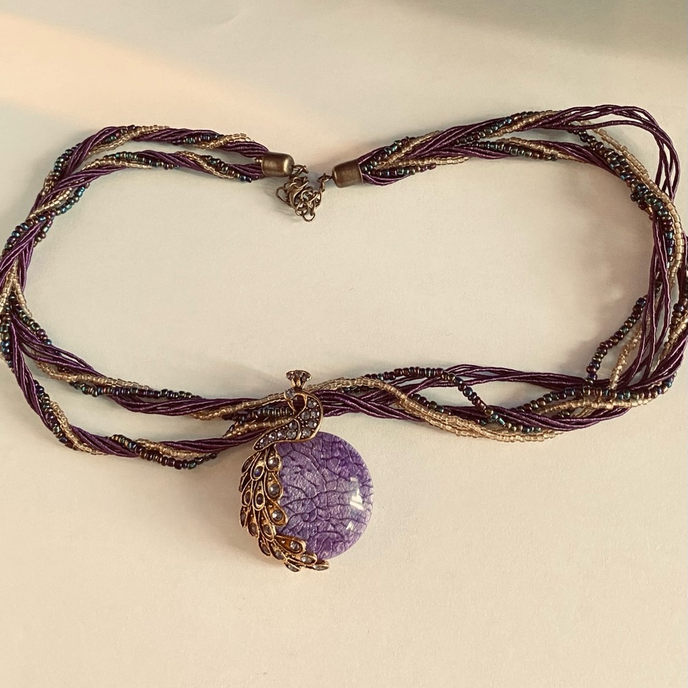 Unique Beaded Purple Peacock Pendant Necklace